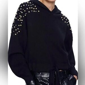 Zara Black Hooded Sweater with Pearls & Spikes - size Medium